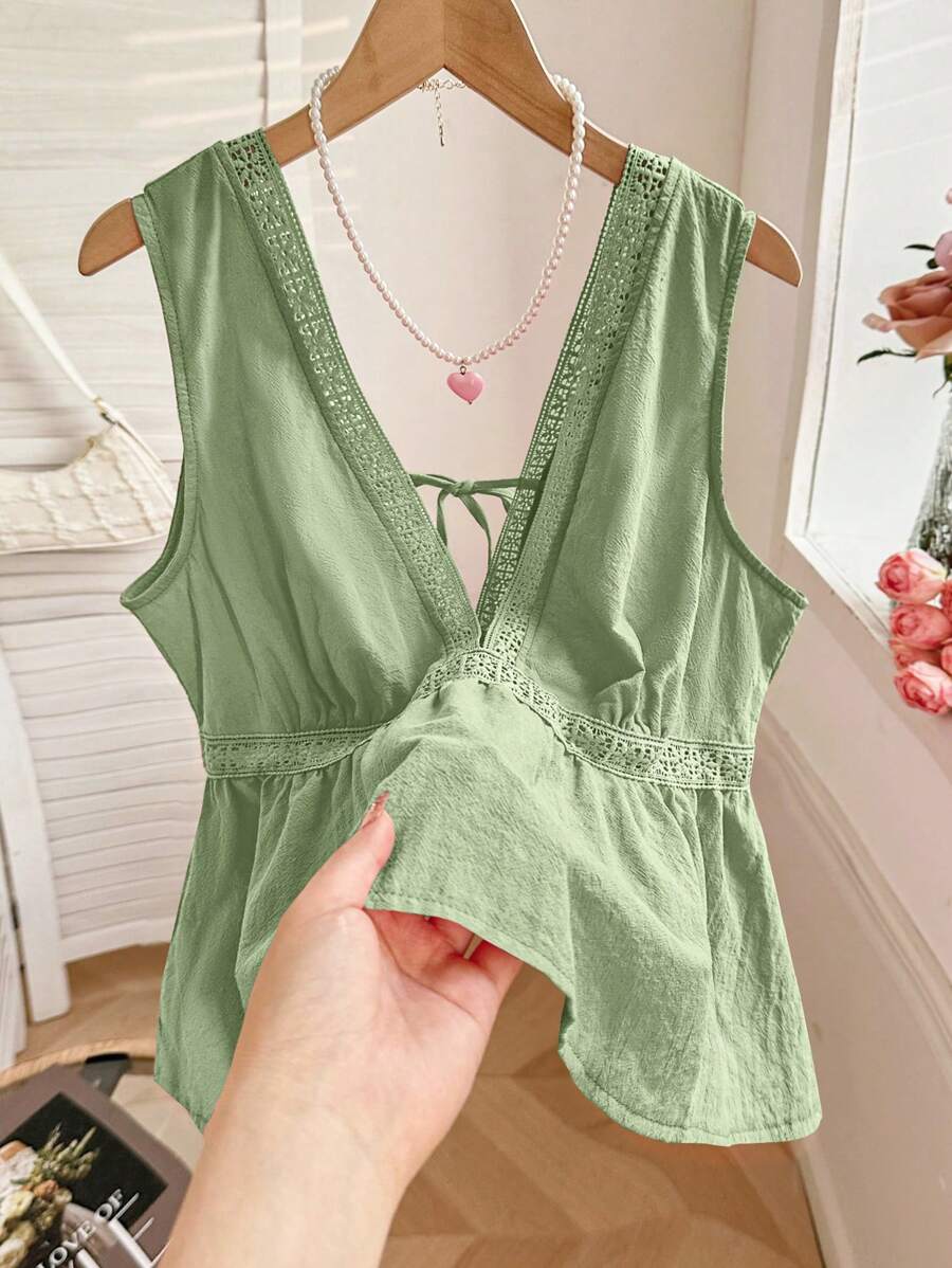 Áo hai dây cổ chữ V sâu thêu ren ngọt ngào và thon gọn mùa hè mới - Màu xanh Bạc hà - Xem 1