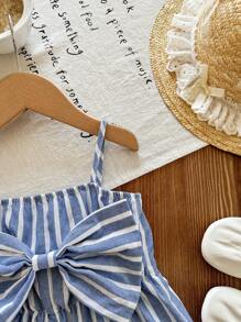 女宝宝夏季可爱休闲蓝白条纹蝴蝶结吊带连体衣 - 藍色 - 查看 4