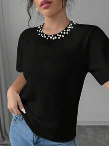 Arcane Artistry Plus Size Women Round Neck Short Sleeve T-Shirt With Faux Pearl And Patchwork Trim - Black - View 3