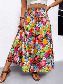 Breezaya 大码女式花卉印花褶皱腰休闲假日 A 字裙，适合度假和日常通勤 - 彩色 - 查看 4