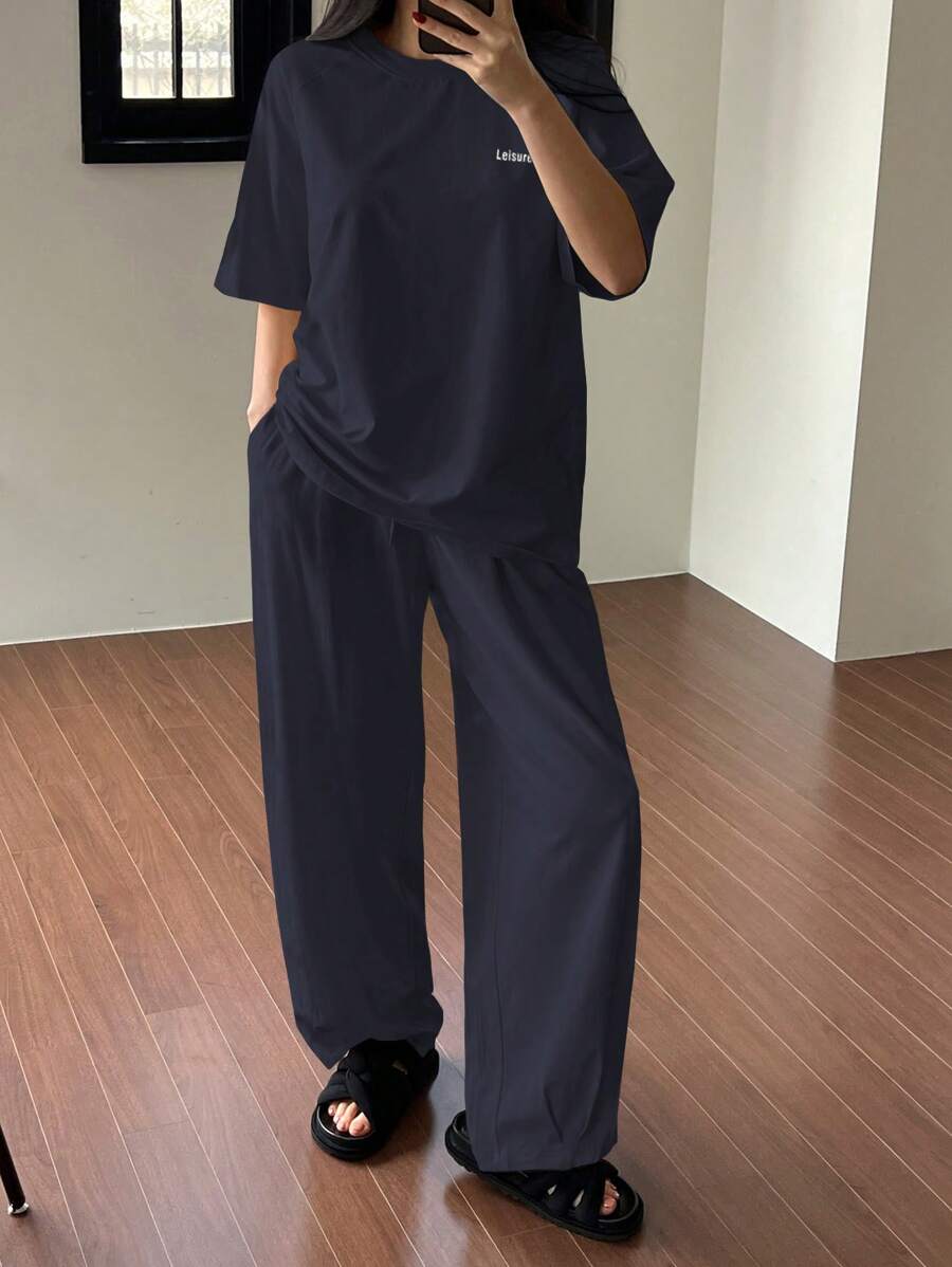 DAZY 2 件套女士睡衣套装，字母印花柔软舒适休闲套装睡衣 - 藏蓝色 - 查看 1