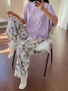 DAZY 2pcs Women Loose Fit Printed Short Sleeve Pajama Set - Purple - View 4