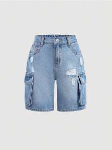 SHEIN Tween 女童 Y2K 春夏翻盖口袋侧破洞磨边宽松直筒牛仔裤短裤，女童夏装演唱会服装街头服装 - 中等水洗藍 - 查看 2