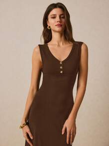 Poéselle Women's Button Design V-Neck Sleeveless Long Casual Dress,Business Casual Woman,Summer Dresses For Women - Brown - View 3