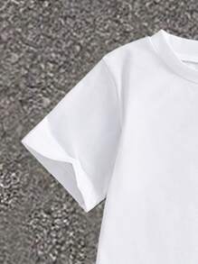 SHEIN 2pcs/Set Tween Boy Casual Minimalist Pattern Short Sleeve Round Neck T-Shirt And Cargo Shorts, Suitable For Summer - White - View 3