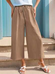 SHEIN Essnce Pantalones anchos de cintura elástica de talle alto, de verano y primavera, de estilo casual, sueltos y cómodos, ligeros y versátiles, para mujer de talla grande, en color caqui, ideales para vacaciones, playa y uso diario - Caqui - Ver 7