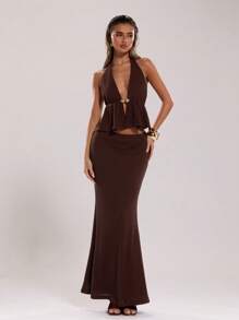 SHEIN BAE Solid Color Halter Backless Top And Skirt Sexy 2 Pieces Set - Coffee Brown - View 3
