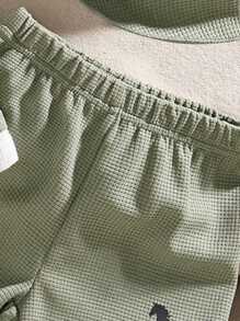 SHEIN Playful Pals Set de 3 piezas para bebé/niño pequeño de verano con cuello redondo 2 en 1 top y shorts con gorro, de tela tipo gofre, adecuado para juego diario al aire libre, escuela, vacaciones, estilo elegante, apto para ocio familiar, deportes y reuniones