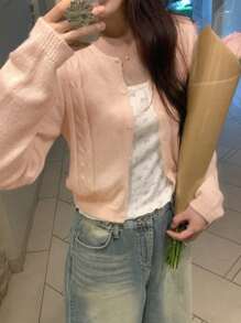 DAZY 宽松简约轻薄女士开衫，青春气息，重返校园服装 - 粉色 - 查看 8