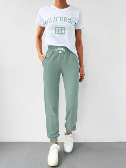 EURMUSE Camiseta con gráfico de letras 100% algodón y pantalón de chándal con cintura fruncida