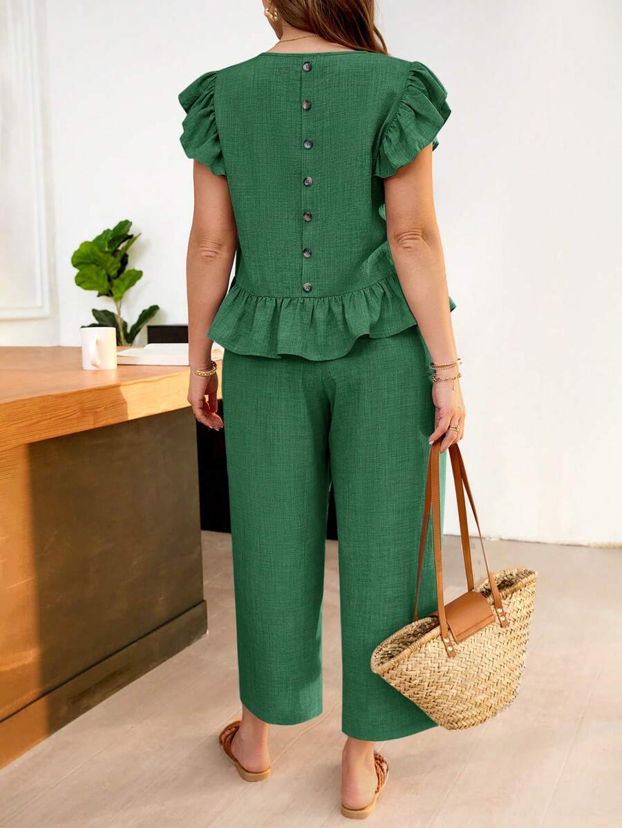 SHEIN Frenchy Plus Size Women Solid Color Ruffle Sleeve Shirt And Pants 2 Pieces Set, Casual