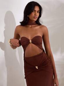 Opulessa 1 件女式纯色针织镂空修身鱼尾连衣裙 - 棕色 - 查看 4