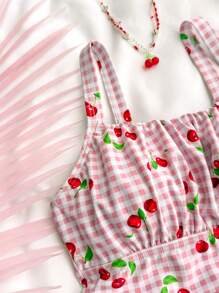 SHEIN Teen Girls Pink Sweet Plaid Cherry Print One-Piece Swimsuit Summer,Beach Outfit Bathing Suit Summer,Summer Beach - Pink - View 3