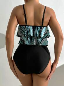 Swim Lushoire 2pcs Tankini Set Print Summer Beach Double Layer Ruffle Hem Cami Top & Shorts Set - Multicolor - View 4