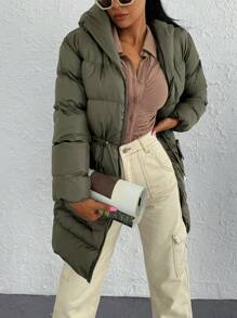 EURMUSE Zip Up Drawstring Waist Hooded Puffer Coat - Chocolate Brown - View 6