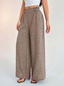 SHEIN PETITE Women's Casual Vacation Waistband Blue Wide Leg Pants,Business Casual Woman