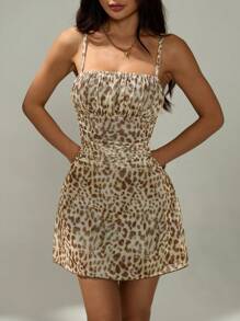 SHEIN PETITE Sexy Spaghetti Strap Leopard Print Mesh Slip Dress - Multicolor - View 7