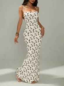 SHEIN PETITE Kurze Damen Schwingkleid mit großem Rückenausschnitt, Feiertagsprint, gestrickt, lang - Aprikosenfarben - Übersicht 4