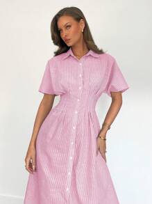 Siren Gaze 女士度假休闲条纹松紧腰前扣衬衫裙 - 玫紅色 - 查看 5