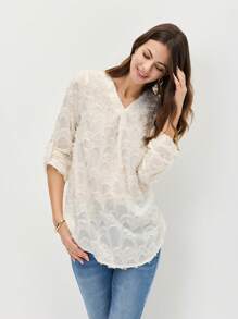 Miaspire Women's Autumn V-Neck Jacquard Cuff Sleeve Loose Casual Versatile Shirt