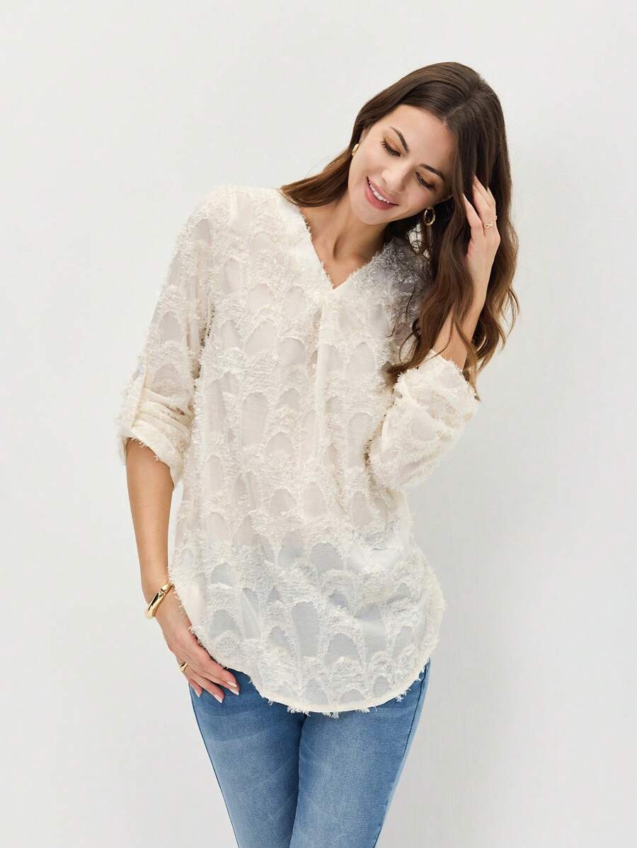 Miaspire Women's Autumn V-Neck Jacquard Cuff Sleeve Loose Casual Versatile Shirt