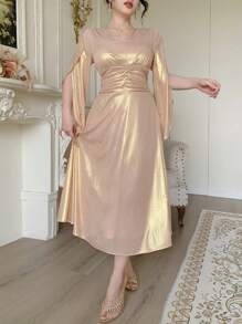 DAZY Đầm midi dài tay xếp ly eo cao thanh lịch mới cho nữ mùa thu - Hồng - Xem 6