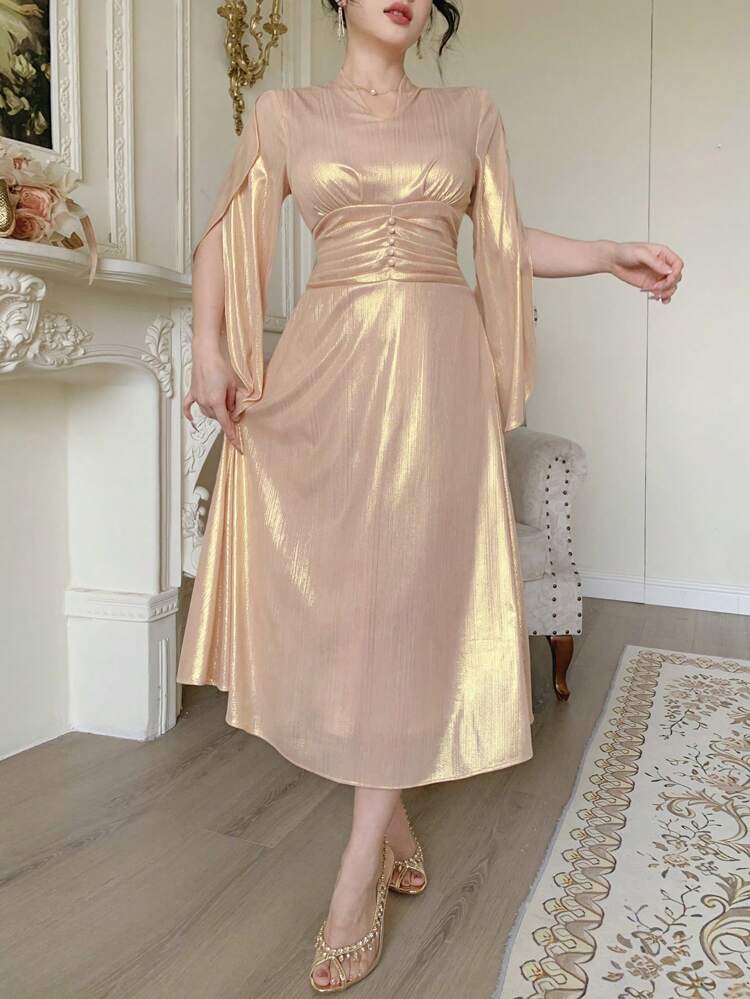 Women's Fall New High-Class Elegant Waist Gathered Midi Sundress Long Sleeve Dress