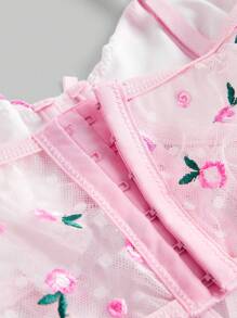 ROMWE Kawaii 浪漫度假风格春季花卉刺绣网眼波尔卡圆点拼布手工内衣，可作为外穿，带钢圈文胸