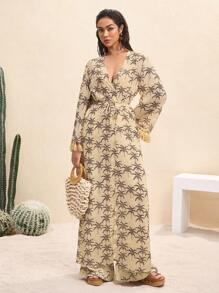 BY FELIZIA Light Apricot Summer Palm Tree Print Chiffon Long Beachwear Vacation Resort Wear New Arrivals Summer Long Kimono For Women - Multicolor - View 4