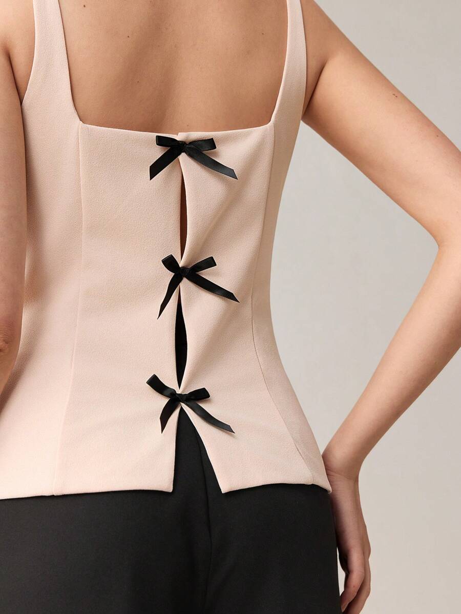 BizChic Áo dệt kim không tay hở lưng, thanh lịch, lãng mạn với nơ thắt cổ dành cho nữ, đa năng, phù hợp cho công sở, thường ngày và mặc đi làm. - Màu be - Xem 1