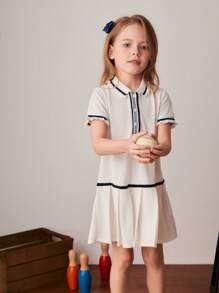 PrepCrw Young Girls Colorblock Ribbon Decor Polo Collar Pleated Hem Dress, College Style For Spring/Summer - White - View 5