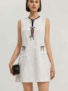 Aveloria Rosie Elegant Doll Dress A-Line Contrast Color Tied Straps, Exquisite Craftsmanship Beaded, Diamond-Studded, Bow Detail, Textured Jacquard Fabric Women Short Dress   Old Money Style For Summer