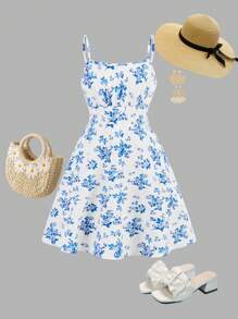 SHEIN Leap Crew Vestido corto de línea A con estampado floral azul y blanco con lazo en la espalda, apropiado para niña preadolescente en otoño/invierno, para fiesta/uso diario/vacaciones - Azul - Ver 2