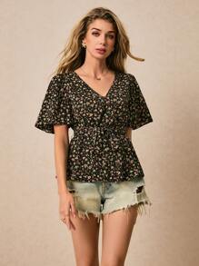 Poéselle Women's V-Neck Floral Print Summer Casual Short Sleeve Shirt