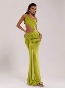 SHEIN BAE 女士性感纯色细肩带镂空超长连衣裙，夏季 - 綠色 - 查看 5