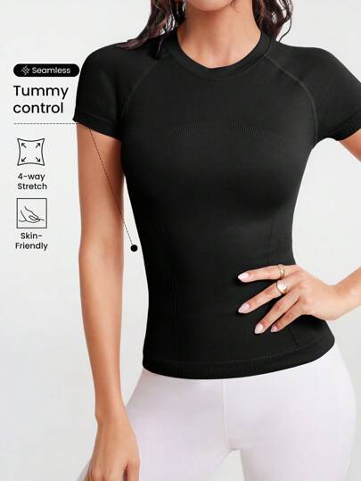 Easithlete Solid Raglan Sleeve Crop Sports Tee Gym Top Fitted Shirtworkout Tank Top