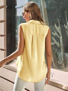 SHEIN Clasi Áo sơ mi không tay cài nút phía trước màu trơn dành cho nữ, mùa hè - Màu Mù tạt vàng - Xem 2