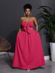 Slaydiva Plus Size Women Textured Bandeau Top And A-Line Midi Skirt 2 Pieces Set For Vacation - Hot Pink - View 3