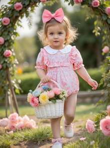 Souflis Souflis Babymeisje Lente/Herfst Casual Schattig Comfortabel Ronde Hals Kraag Digitaal Bloemen All Over Print Korte Mouw Pofmouw Romper