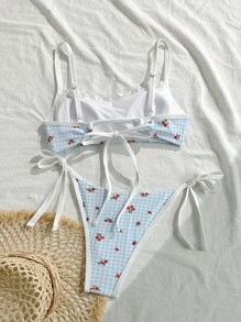 Swim Mod Ensemble de bikini sexy avec liens pour femmes, imprimé carreaux cerises pour l'été et la plage - Multicolore - Voir 2