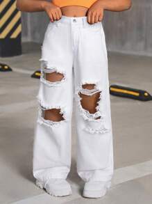 SHEIN SLAYR KIDS 少女 Y2K 白色春夏街头风破洞阔腿牛仔裤，春夏休闲度假乡村波西米亚风，适合少女海滩穿着，西部街头风，春假狂欢节牛仔裤 - 白色 - 查看 3