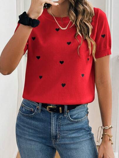 SHEIN Frenchy 女士针织心形图案圆领短袖毛衣，简约时尚