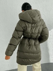 EURMUSE Zip Up Drawstring Waist Hooded Puffer Coat - Chocolate Brown - View 2