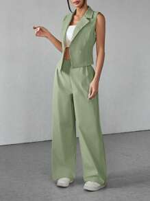 SHEIN PETITE Two Pieces Fall Outfits 2pcs/Set Women Solid Color Sleeveless Top And Pants Fall Clothes - Green - View 6