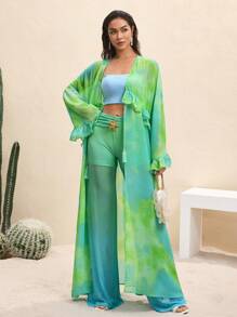 BY FELIZIA 蓝绿色渐变雪纺印花荷叶边垂坠袖和服连衣裙波西米亚风度假连衣裙女式夏季长裙 - 彩色 - 查看 4