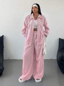 POPSWAY Conjunto informal de 2 piezas de manga larga con rayas azules y blancas en talla grande - Rosa vieja - Ver 5