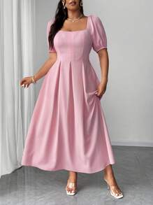 Elenzga Plus Size Vintage Romantic Pink Puff Sleeve Dress - Pink - View 6