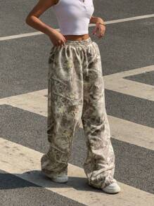 SHEIN EZwear 宽松女式树枝印花松紧腰阔腿休闲运动裤 - 卡其色 - 查看 5