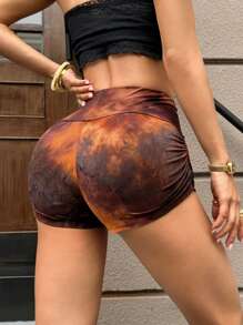 SHEIN EZwear 女士夏季时尚扎染褶皱修身短裤 - 橘色 - 查看 2