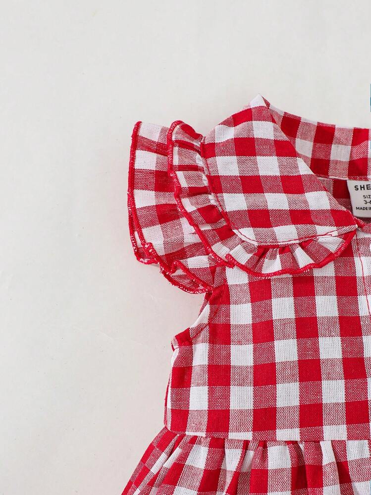 SHEIN Vintaside Kids فستان بناتي كاجوال قابل للارتداء في أي مكان مع أكمام قصيرة على شكل مربعات، مناسب للاستخدام في الخارج أو في المنزل اليومي - الأحمر - مشاهدة 4